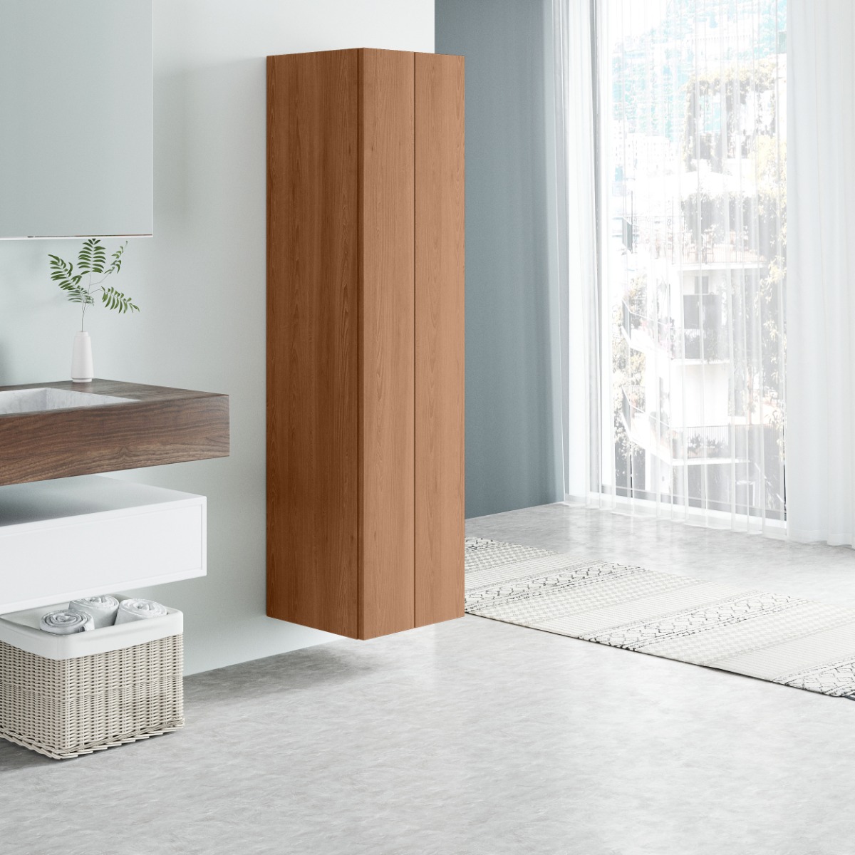 Hoge badkamerkast Loraine met 2 deuren, massief eiken en strak modern design, verkrijgbaar in verschillende maten en kleuren, perfect voor maatwerk en vochtige ruimtes. - Hover