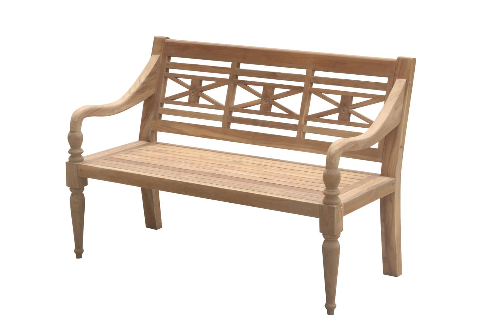 Een robuuste teakhouten stationsbank, 120 cm breed, met een klassiek en tijdloos ontwerp. De bank beschikt over een rechte, comfortabele rugleuning en een stevige zitting. Het rijke, natuurlijke bruin van het teakhout geeft de bank een warme uitstraling.  - Hover