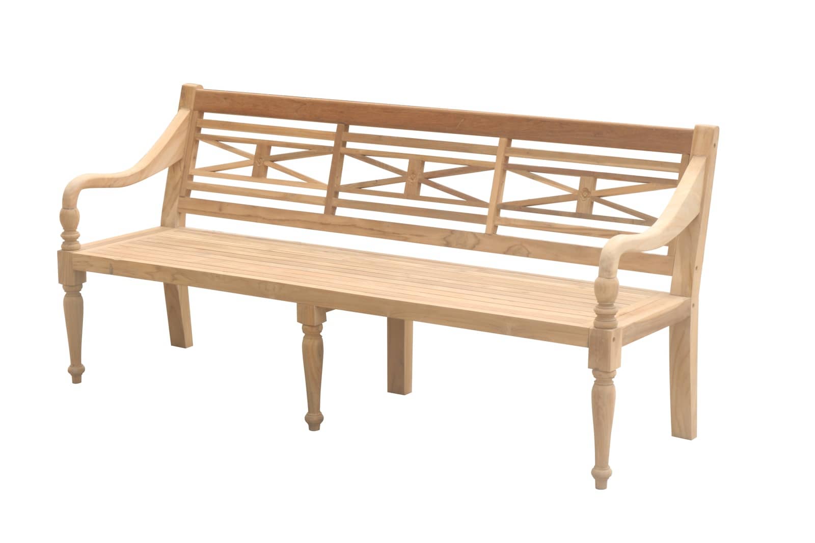 Klassieke teakhouten stationsbank, 180 cm breed. De bank heeft een traditioneel design met een rechte rugleuning en een stevige, vlakke zitting. Het hout heeft een natuurlijke, warme teakkleur en is fijn afgewerkt, wat de elegante uitstraling benadrukt. D - Hover