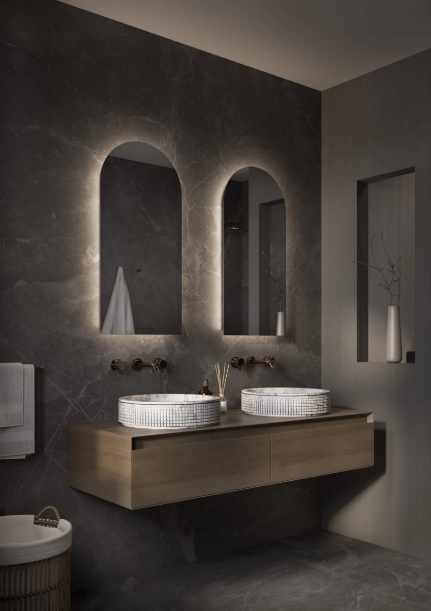 Moderne BANGKOK spiegel met dimbare LED-verlichting en verwarming – stijlvolle wandspiegel met indirect licht, strak design en CE-markering voor een eigentijds interieur. - Hover