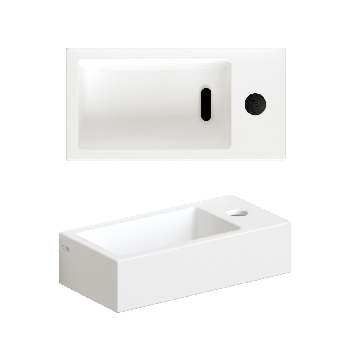 Clou - Flush 3 Fontein 36cm, Met Kraangat Rechts, Met Afvoerplug, Mat Wit Keramiek - Hover
