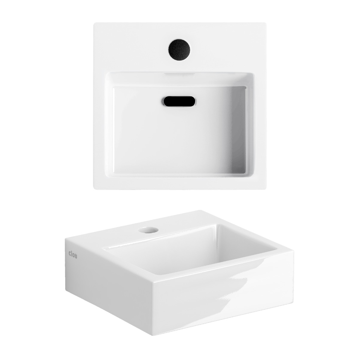 Clou - Flush 1 Fontein 28cm, Met Kraangat, Met Afvoerplug, Glanzend Wit Keramiek - Hover