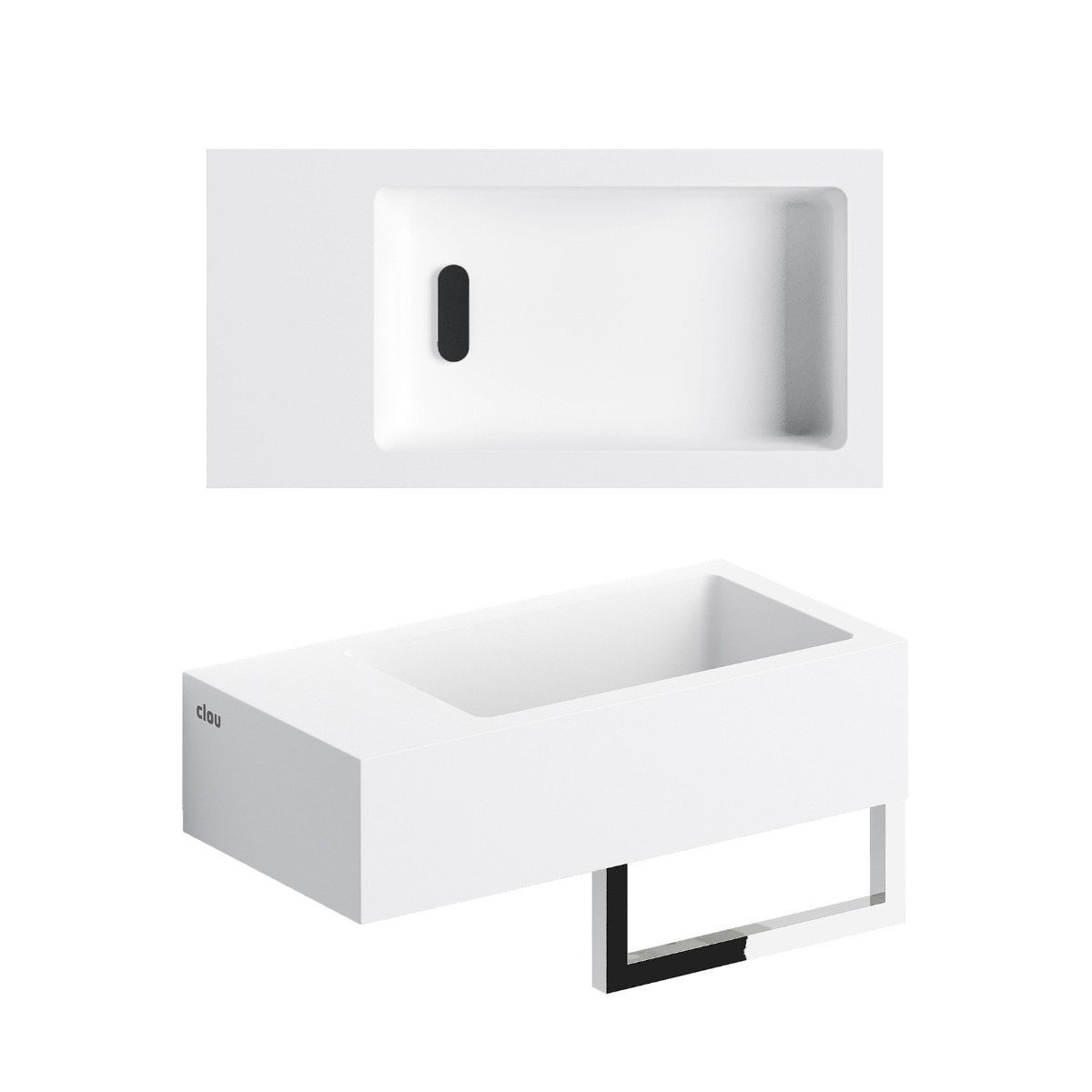 Clou - Flush 3 Fontein Links 36cm, Met Voorbewerkt Kraangat, Chromen Afvoerplug En Handdoekhouder, Mat Wit Aluite - Hover