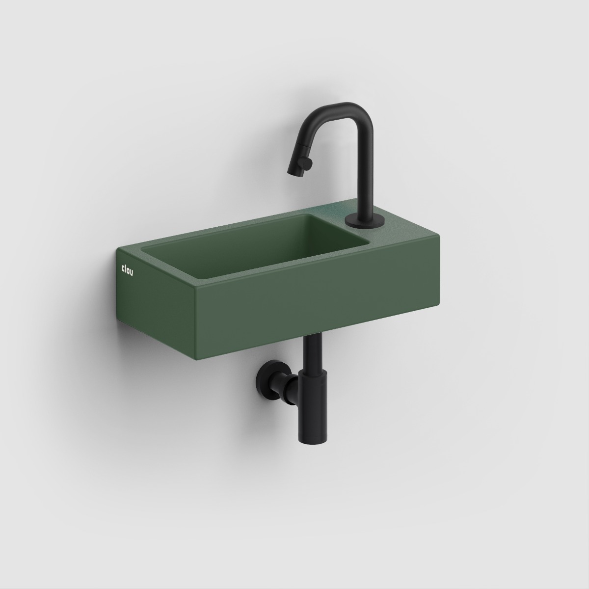 Clou - Flush 3 Fontein Rechts 36cm, Met Kraangat, Met Afvoerplug, Mat Pijnboom Groen Keramiek - Hover