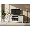 Breed wit TV dressoir Napoli met houten blad, drie laden, twee deuren en drie rieten manden in landelijke stijl.