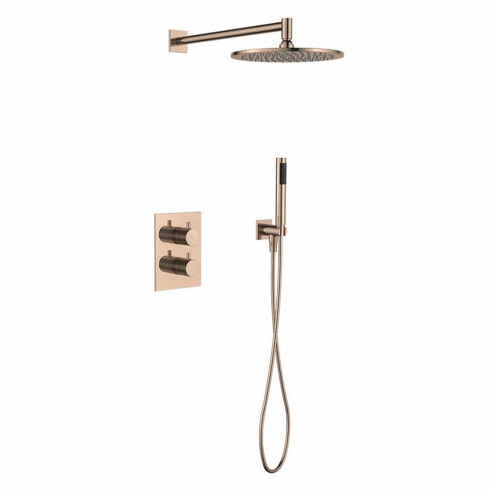 Regn complete thermostatische regendouche inbouwset met rechthoekig bedieningselement Geborsteld koper