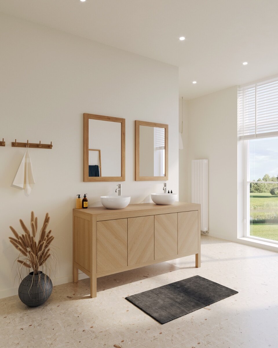 Badkamermeubel Luca met diagonaal lattenfront, verkrijgbaar in diverse kleuren en afmetingen, perfect voor een stijlvolle badkamer.