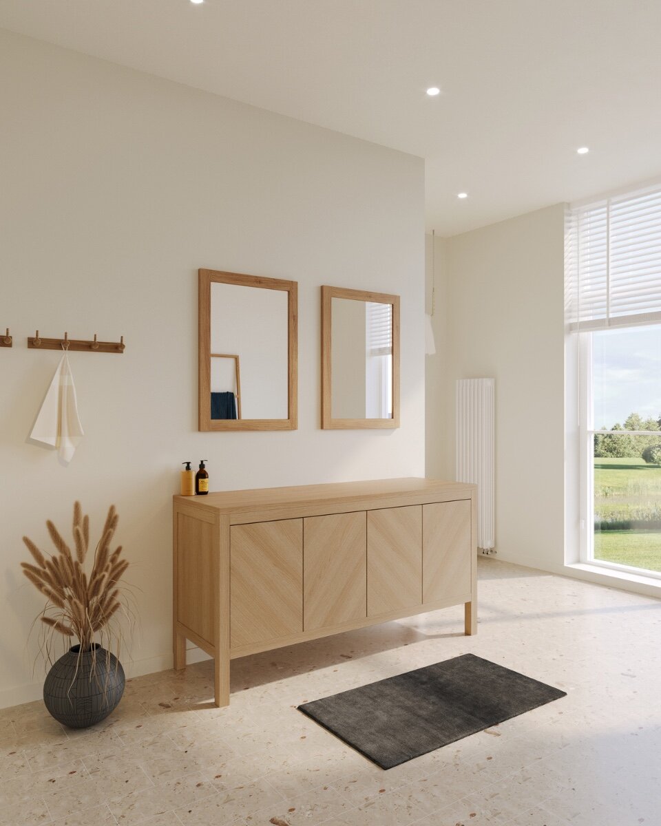 Badkamermeubel Luca met diagonaal lattenfront, verkrijgbaar in diverse kleuren en afmetingen, perfect voor een stijlvolle badkamer.