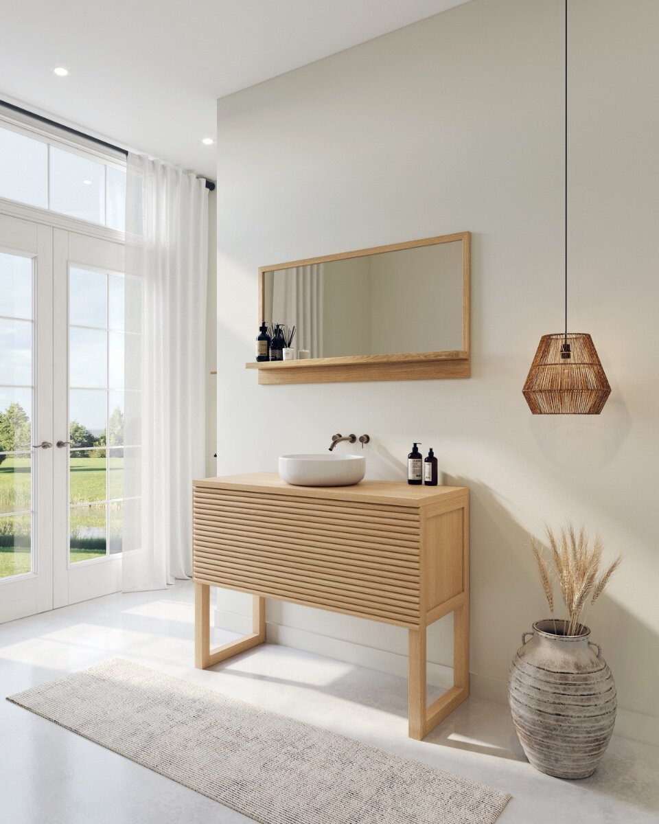 Badkamermeubel Luca met horizontaal lattenfront, verkrijgbaar in diverse kleuren en maten (60-120 cm), biedt een moderne uitstraling en ruime opbergruimte voor de badkamer.