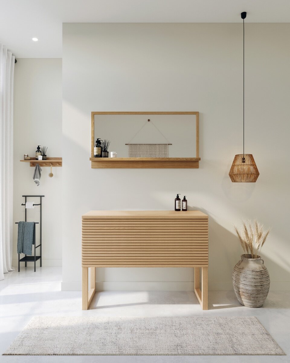 Badkamermeubel Luca met horizontaal lattenfront, verkrijgbaar in diverse kleuren en maten (60-120 cm), biedt een moderne uitstraling en ruime opbergruimte voor de badkamer.