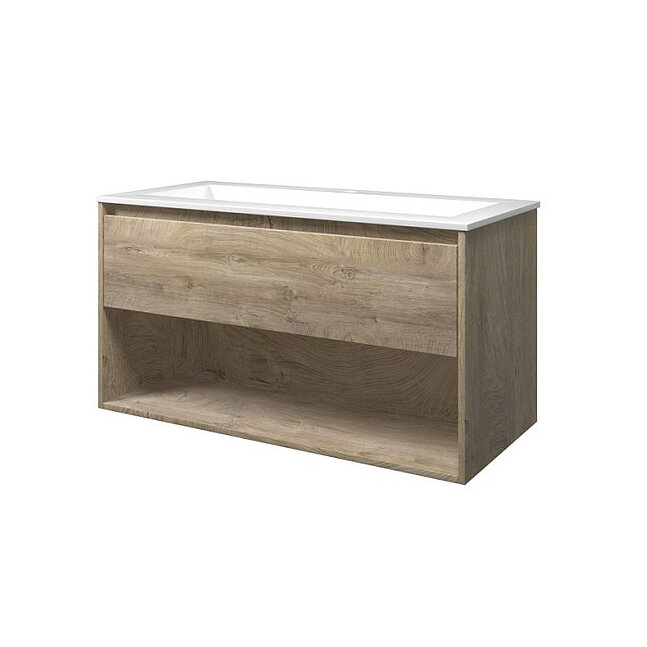 Wastafel polystone Elegant 100x46x2 |2 Kraangaten | Onderkast 1 lade met open schap 100x46x52