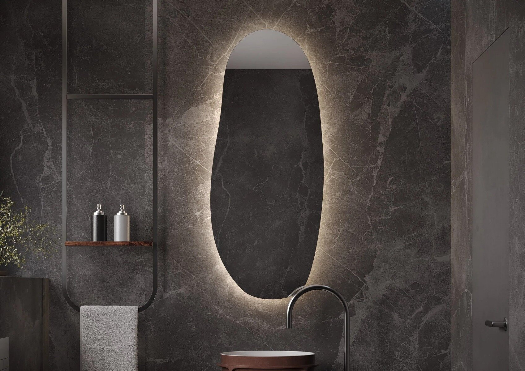 AMSTERDAM spiegel – stijlvolle organische vorm met indirecte LED-verlichting, dimbare infraroodsensor en spiegelverwarming. Perfect voor badkamer, slaapkamer of hal. Moderne, functionele designspiegel met CE-markering en 2 jaar garantie.