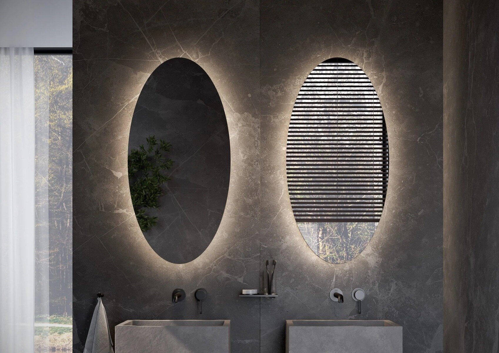 ELIPSE maatwerk spiegel – ovaal design met indirecte LED-verlichting, touchdimmer, spiegelverwarming en Bluetooth-audio. Verkrijgbaar in diverse afmetingen (400×800 mm – 1000×2000 mm) voor een luxe en functioneel interieur.