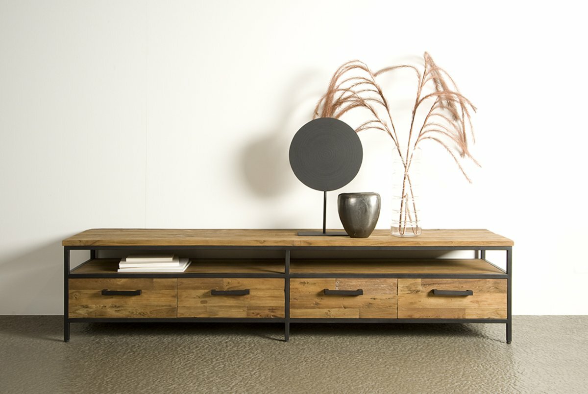 Livorno - Teak met Stalen Frame | TV Meubel 4 laden - 200 x 40 x 45 ( H )  - TWR-FI0106