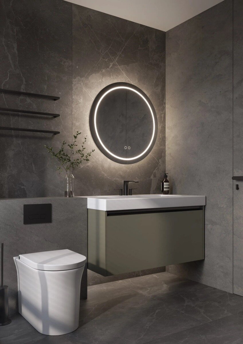 FRANKFURT mirror with timeless round design and advanced technology, featuring integrated direct and indirect lighting, touch dimmer for adjustable brightness, and anti-fog heating for clear, condensation-free surface. Available in Ø600 mm, Ø800 mm, and Ø