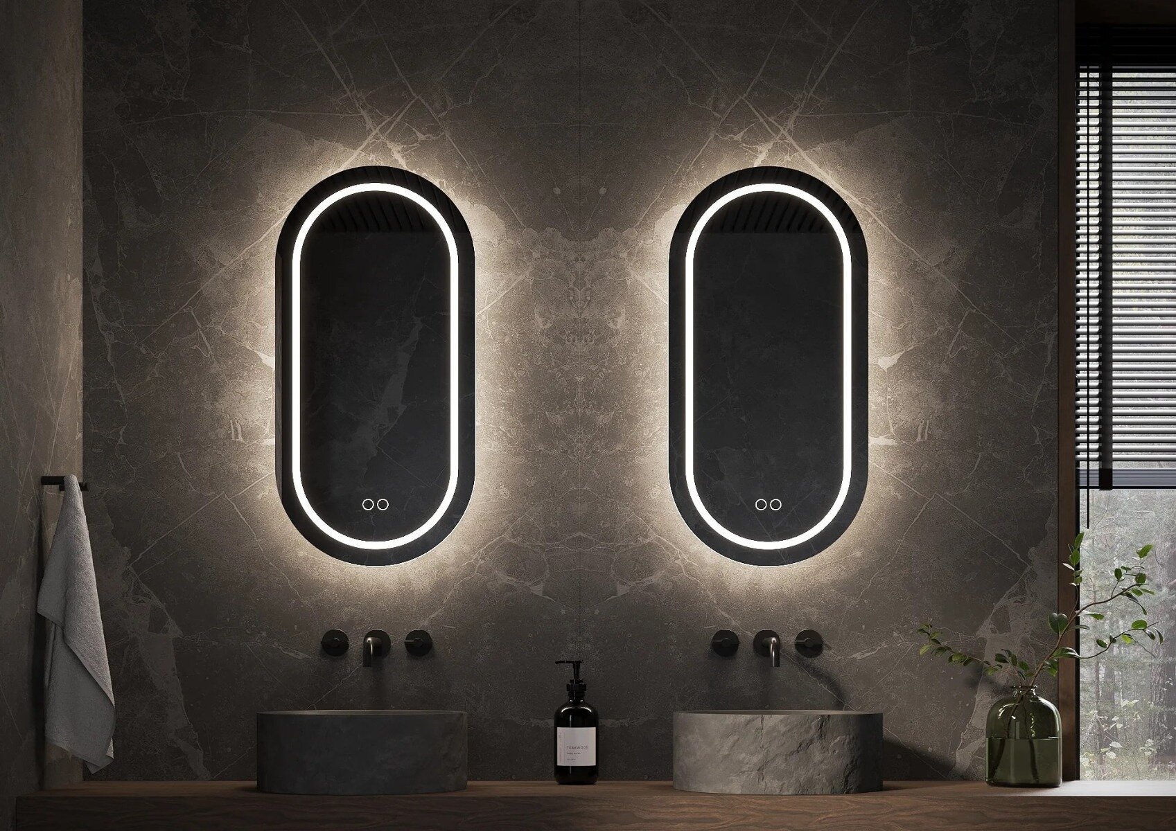 Ovale HANNOVER spiegel 450×1000 mm met geïntegreerde LED-verlichting, touchdimmer en spiegelverwarming – modern design, condensvrij en CE-gecertificeerd. Snelle levering en 2 jaar garantie.