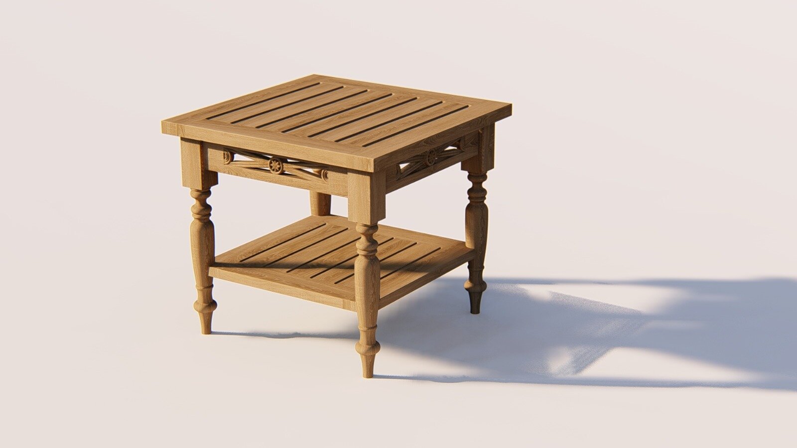 Teakhouten Batavia koffietafel 50×50 cm met extra legplank en decoratief houtsnijwerk

