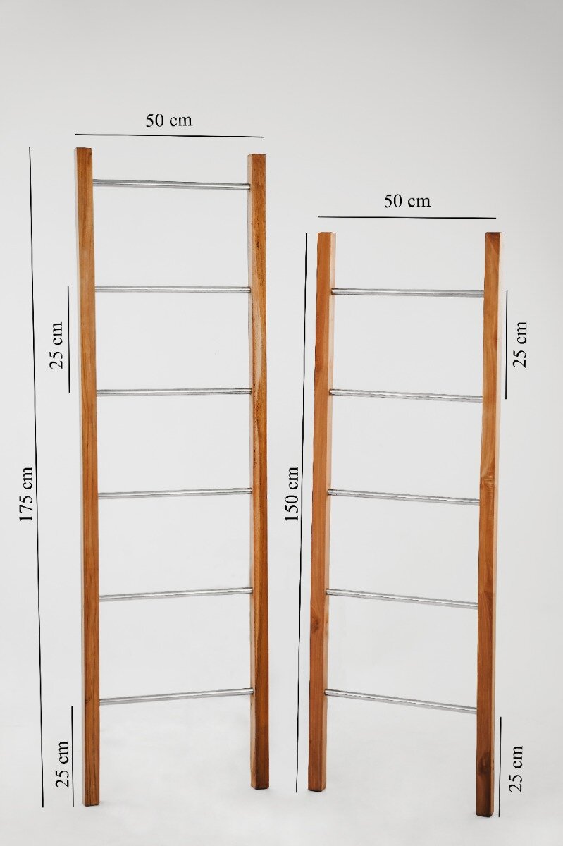 Decoratie ladder | Teakhout met RVS Stijlen | Naturel Teak | 50x5x150