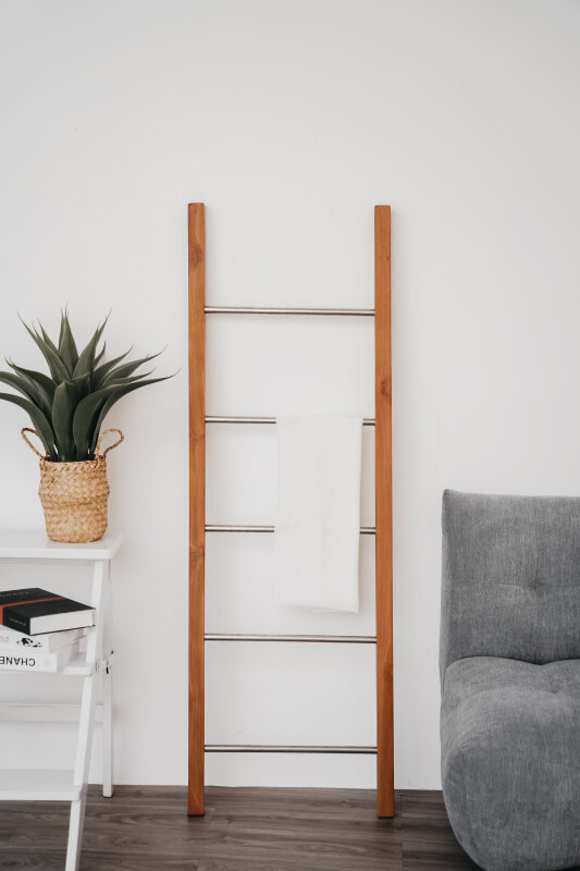 Decoratie ladder | Teakhout met RVS Stijlen | Naturel Teak | 50x5x150
