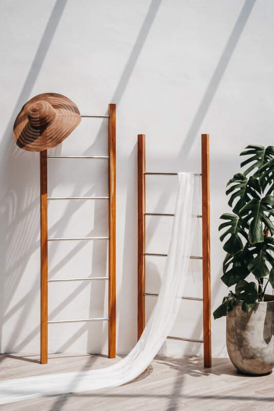 Decoratie ladder | Teakhout met RVS Stijlen | Naturel Teak | 50x5x150