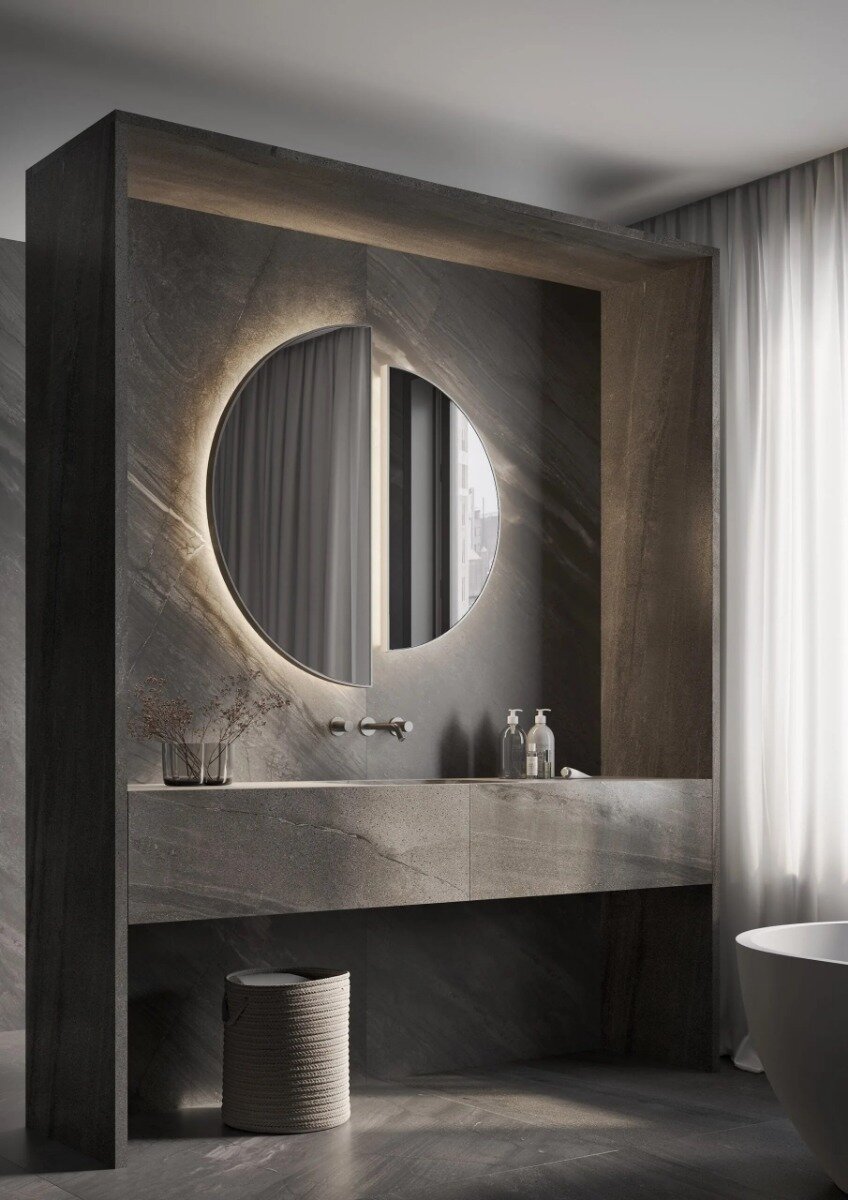 LUNA spiegel met uniek halfrond design en stijlvol frame, op maat verkrijgbaar in diverse afmetingen en kleuren. Indirecte verlichting, maatwerkopties zoals dimbare trafo’s, Bluetooth-audio en digitale klok. Perfecte combinatie van esthetiek en functional