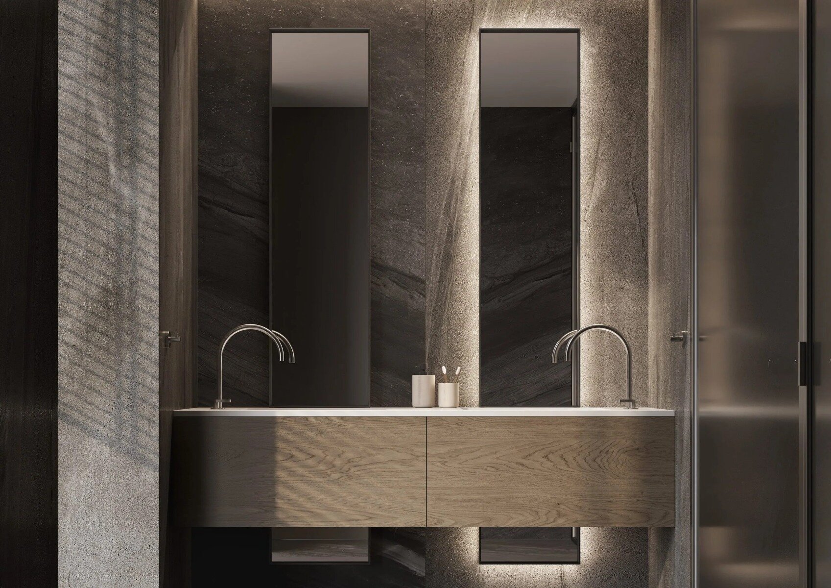 MALTA maatwerkspiegel – luxe tweedelig design met indirecte verlichting, verkrijgbaar in diverse afmetingen en kleuren, inclusief opties zoals dimbare verlichting, Bluetooth-audio en digitale klok. Perfect voor moderne en klassieke interieurs.