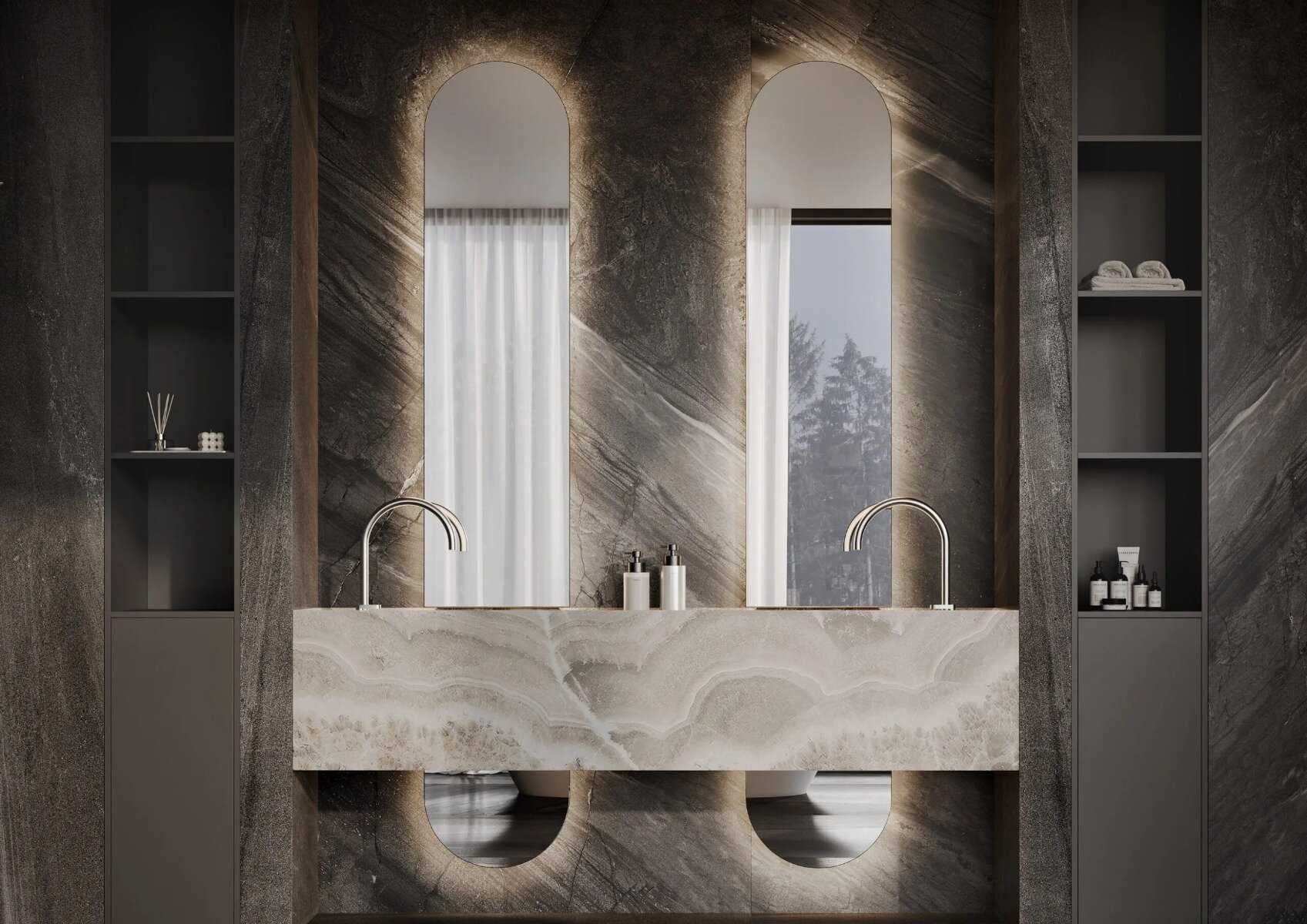 MARBELLA spiegel – luxe tweedelige designspiegel met maatwerkopties, dimbare verlichting, Bluetooth-audio en digitale klok. Ideaal voor badkamer, slaapkamer of hal. Stijlvol, functioneel en op maat verkrijgbaar.