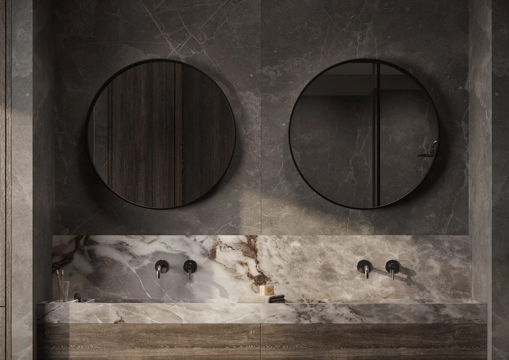 De MIAMI spiegel met modern design en maatwerkopties, beschikbaar in verschillende afmetingen (Ø600 mm, Ø800 mm, Ø1000 mm) en framekleuren zoals mat zwart. Personaliseer de spiegel met LED-verlichting, zandstraalafwerking, Bluetooth-audio, en digitale klo