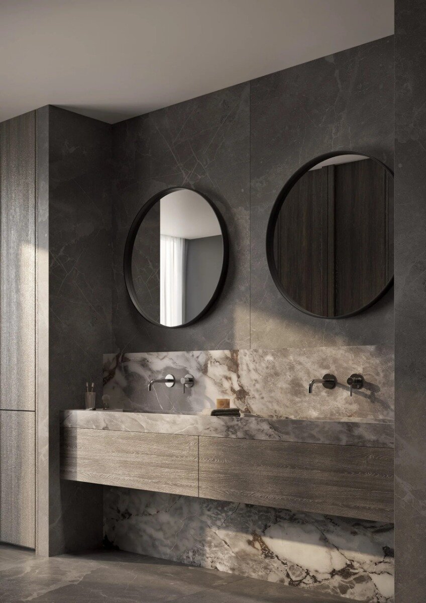 De MIAMI spiegel met modern design en maatwerkopties, beschikbaar in verschillende afmetingen (Ø600 mm, Ø800 mm, Ø1000 mm) en framekleuren zoals mat zwart. Personaliseer de spiegel met LED-verlichting, zandstraalafwerking, Bluetooth-audio, en digitale klo