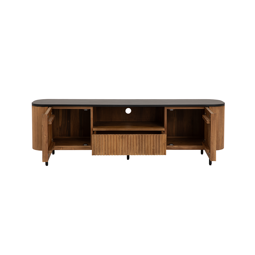 Tower Living Palazzo TV-meubel 200 cm – Gerecycled teakhout met betonlook bovenblad en geribbelde afwerking

