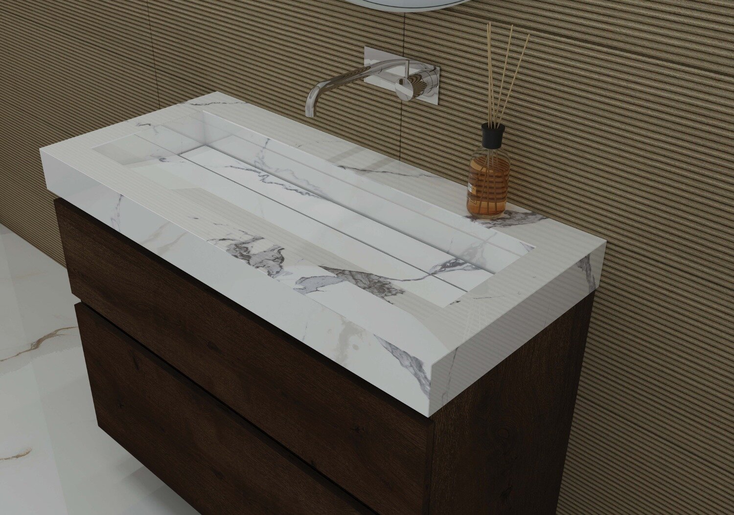 PITCH Wastafel met enkele bak in keramische slab met schuinaflopende wasbak en drain in de kleur van de wastafel. Incl. open rooster plug in chroom en zuignap voor uitname drain 100 x 45 x 9 wasbak centraal