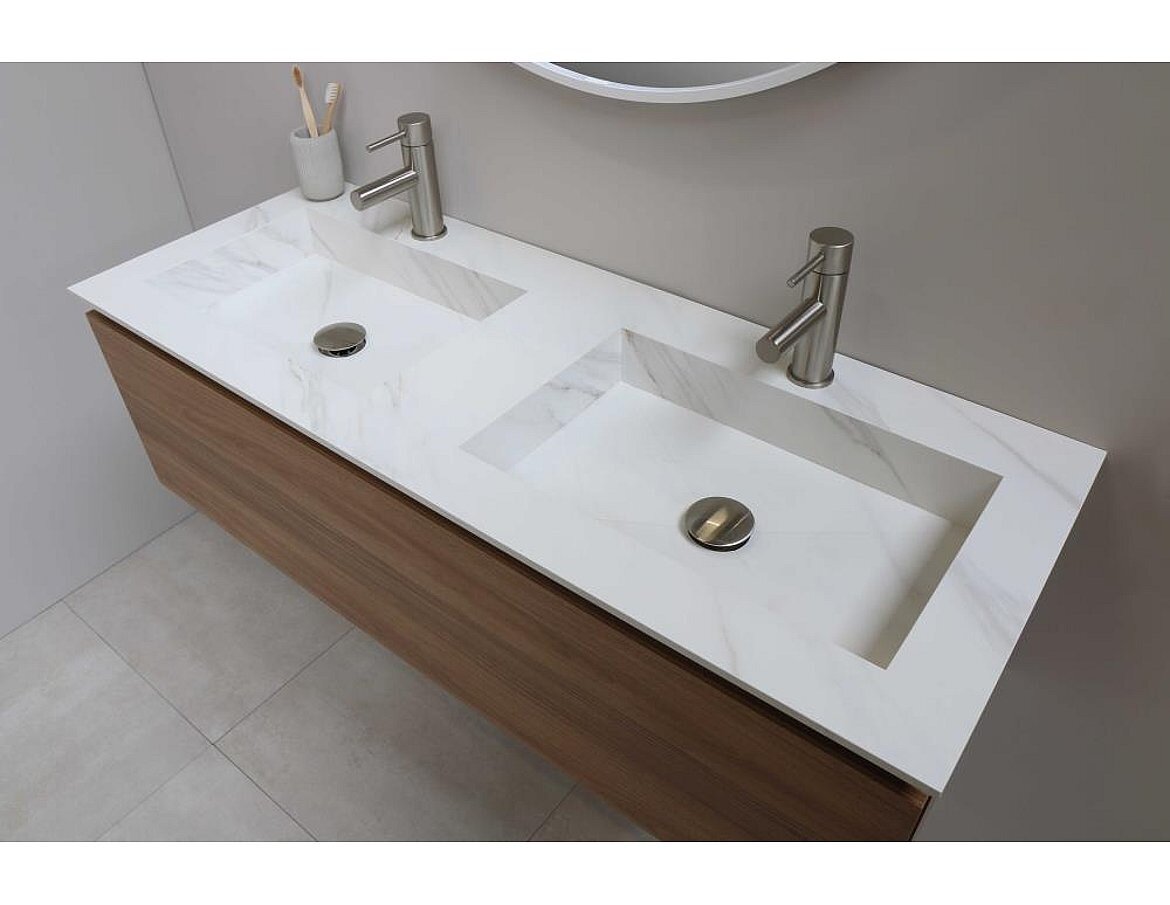 POST Wastafel met enkele wasbak in keramische slab met schuinaflopende envelop bodem 120 x 45 x 1 wasbak dubbel