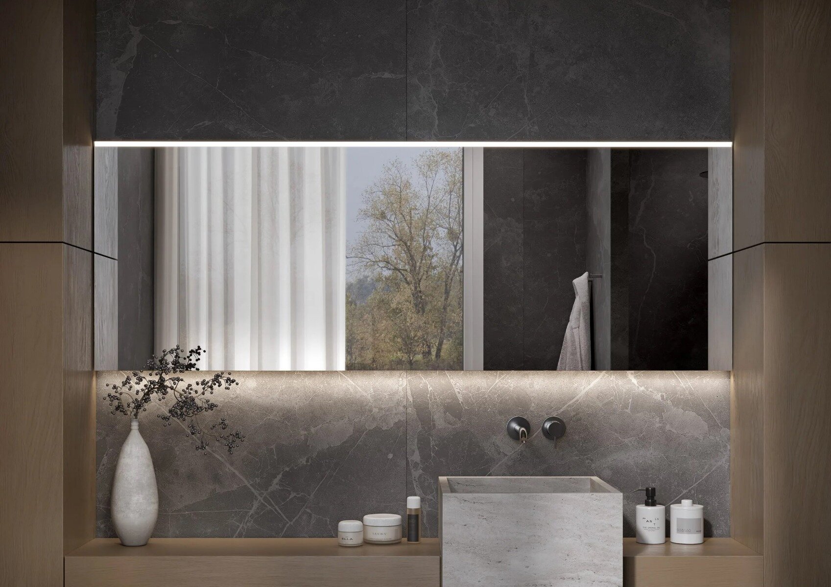 De PRAAG spiegel – moderne designspiegel met 45° profiel, dimbare LED-verlichting, geïntegreerde sensor en spiegelverwarming. Stijlvol, condensvrij en perfect voor elke ruimte. CE-gecertificeerd met 2 jaar garantie.