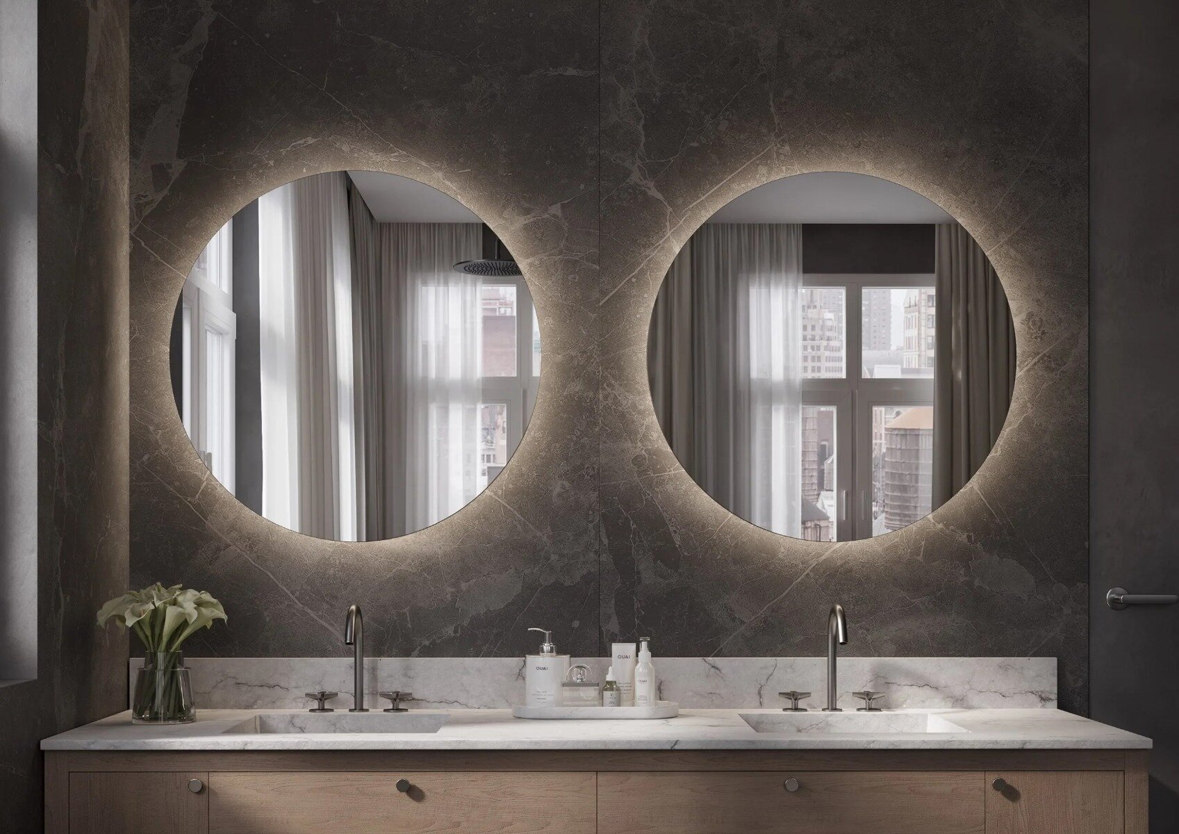 Luxe ronde spiegel ROTONDO met indirecte LED-verlichting, dimbare sensoren, spiegelverwarming en maatwerkopties tot 1200 mm – perfect voor moderne en klassieke interieurs.