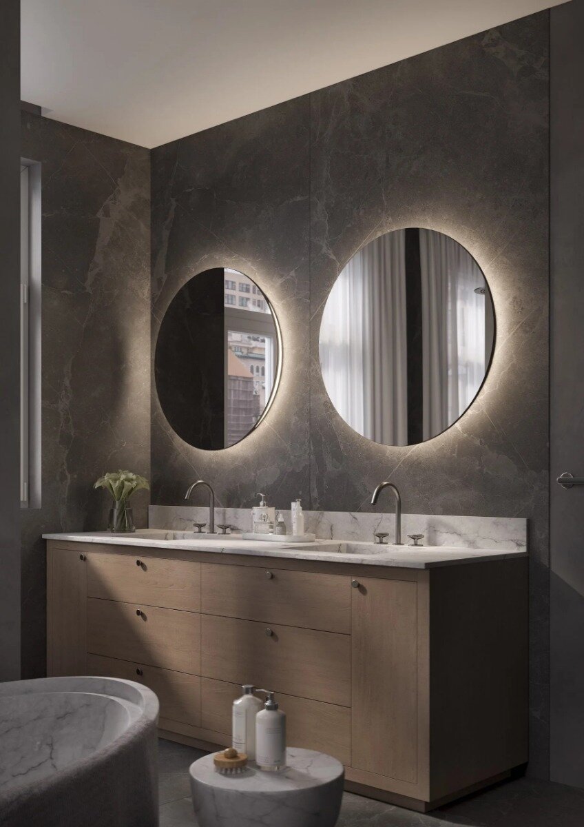 Luxe ronde spiegel ROTONDO met indirecte LED-verlichting, dimbare sensoren, spiegelverwarming en maatwerkopties tot 1200 mm – perfect voor moderne en klassieke interieurs.