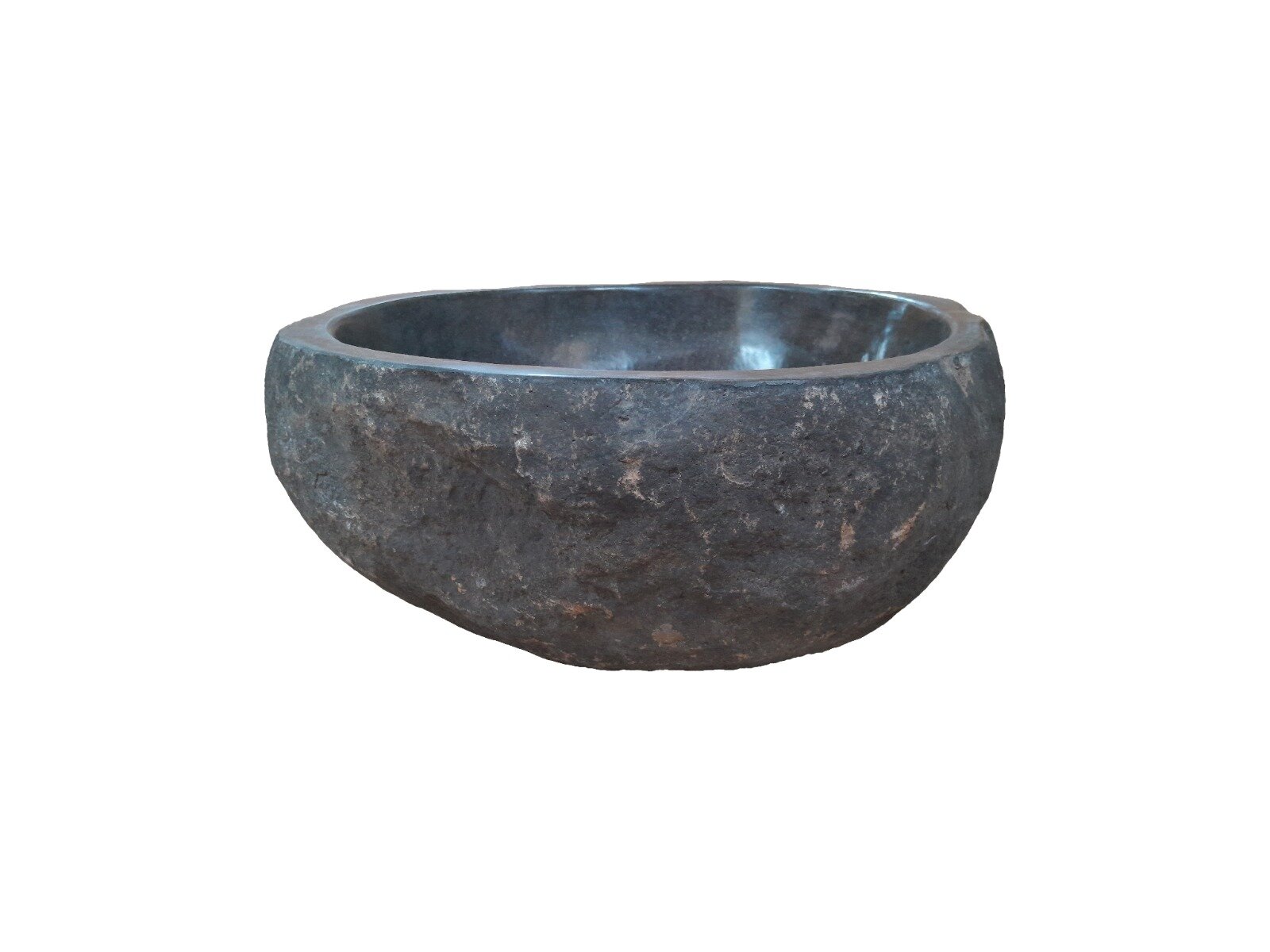 Natuurstenen waskom van riviersteen met een gepolijste binnenkant en ruwe buitenkant in grijstinten. Afmetingen: 34 × 33 × 15 cm. Uniek design, ideaal voor badkamers en toiletten