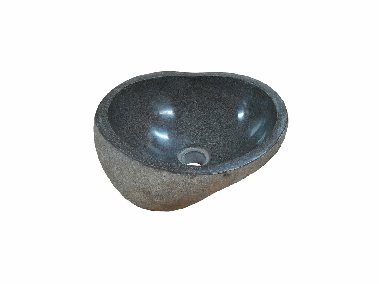 Unieke rivierstenen waskom in grijs, met een glad gepolijste binnenkant en natuurlijke buitenkant, afmetingen 33,5 x 29 x 15 cm, weerspiegelt duurzaamheid en natuurlijke schoonheid