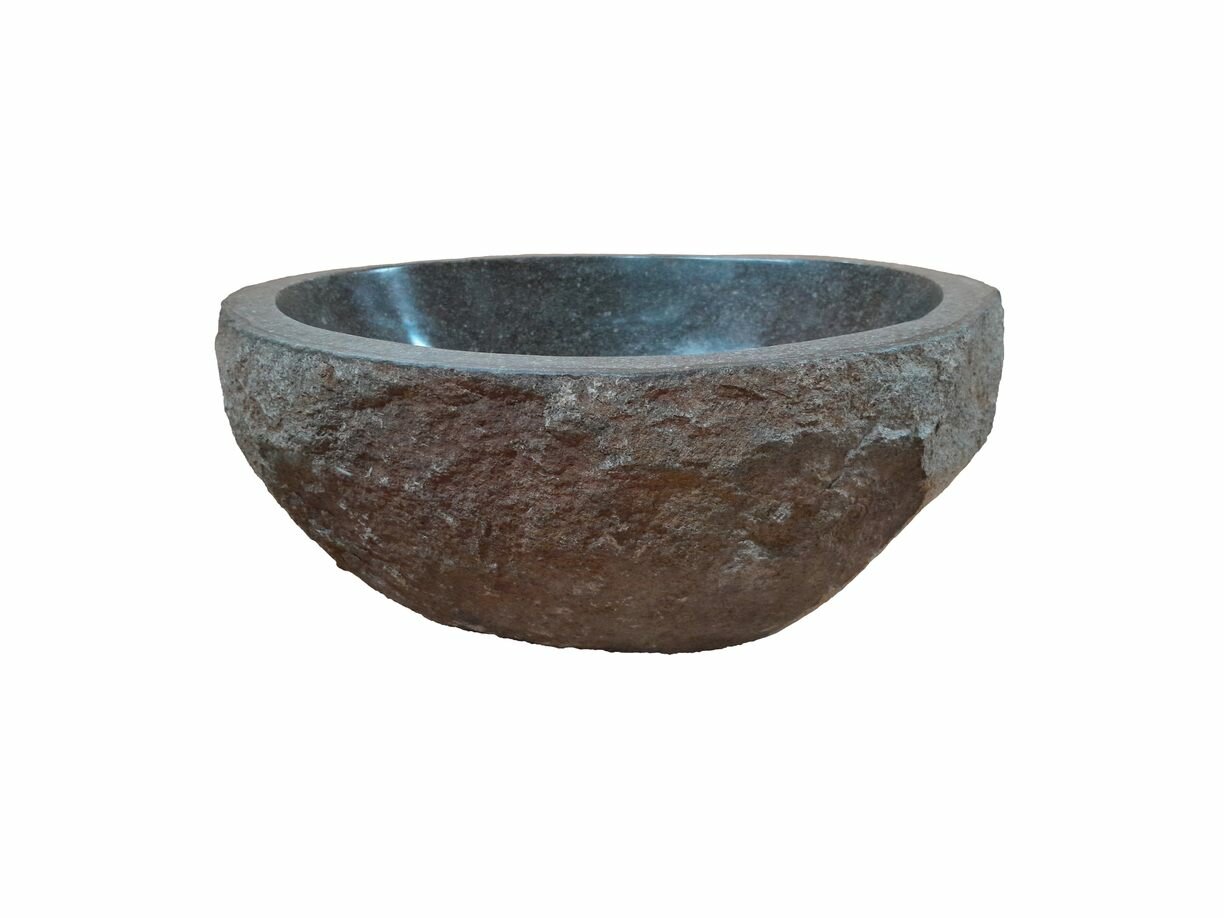 Unieke rivierstenen waskom in natuurlijke grijstinten, met een glad gepolijste binnenkant en een ruwe natuurlijke buitenkant, afmetingen 35 x 29 x 15,5 cm, creëert een sfeer van luxe en rust in elke badkamer.