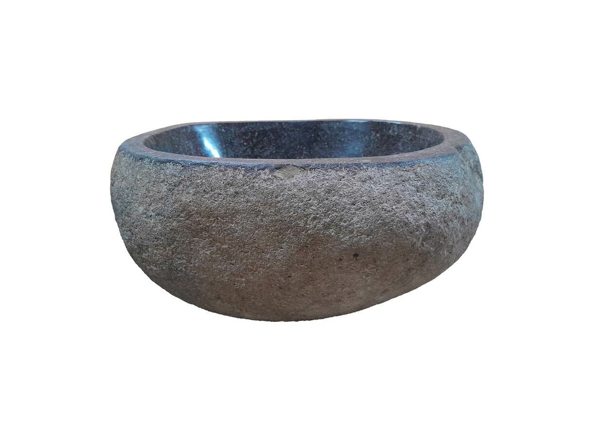 Unieke rivierstenen waskom, 31 x 30 x 15 cm, in natuurlijke grijstinten met een glad gepolijste binnenkant en ruwe buitenkant, brengt een mix van functionaliteit en natuurlijke schoonheid in uw badkamer.