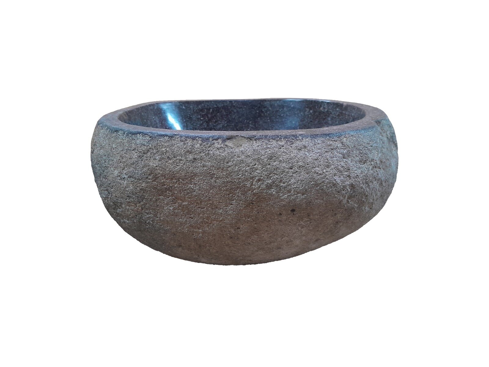 Natuurstenen waskom van riviersteen met een gepolijste binnenkant en ruwe buitenkant in grijstinten. Afmetingen: 31 × 29 × 15 cm. Uniek design, ideaal voor badkamers en toiletten.