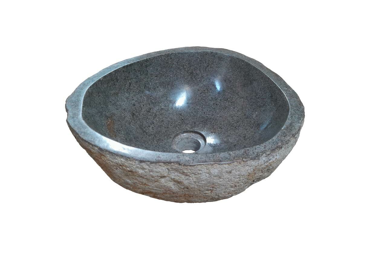 Unieke rivierstenen waskom, 36 x 33 x 15 cm, in natuurlijke grijstinten met een glad gepolijste binnenkant en ruwe buitenkant, integreert stijl met functionaliteit in uw badkamer