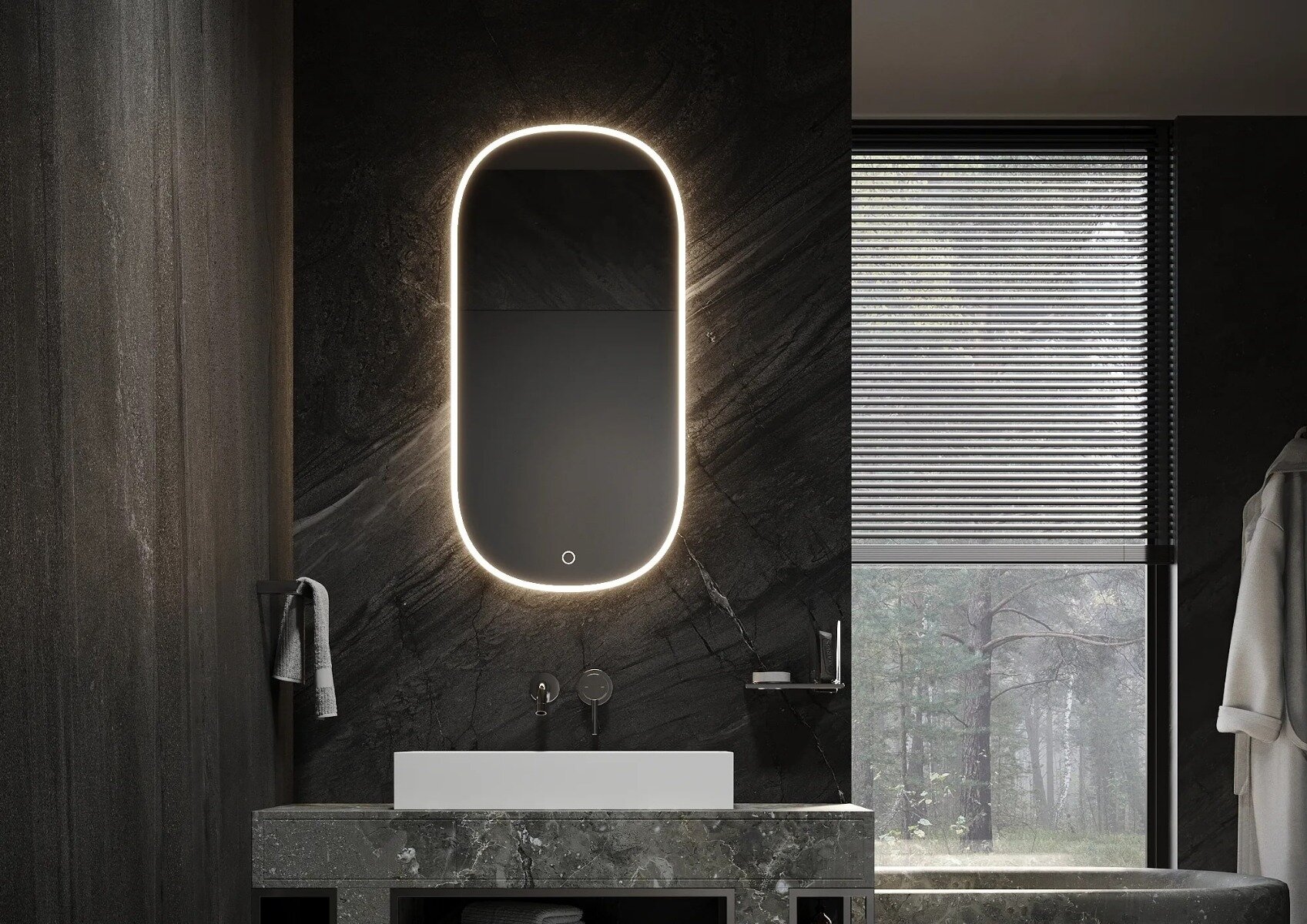 De TAMPA spiegel met ovaal design, directe en indirecte verlichting, touchdimmer met warm/koud lichtwissel, en geïntegreerde spiegelverwarming. Maat: 450x1050 mm. Snelle levering, CE-markering, 2 jaar garantie, voor een heldere, condensvrije spiegel en sf