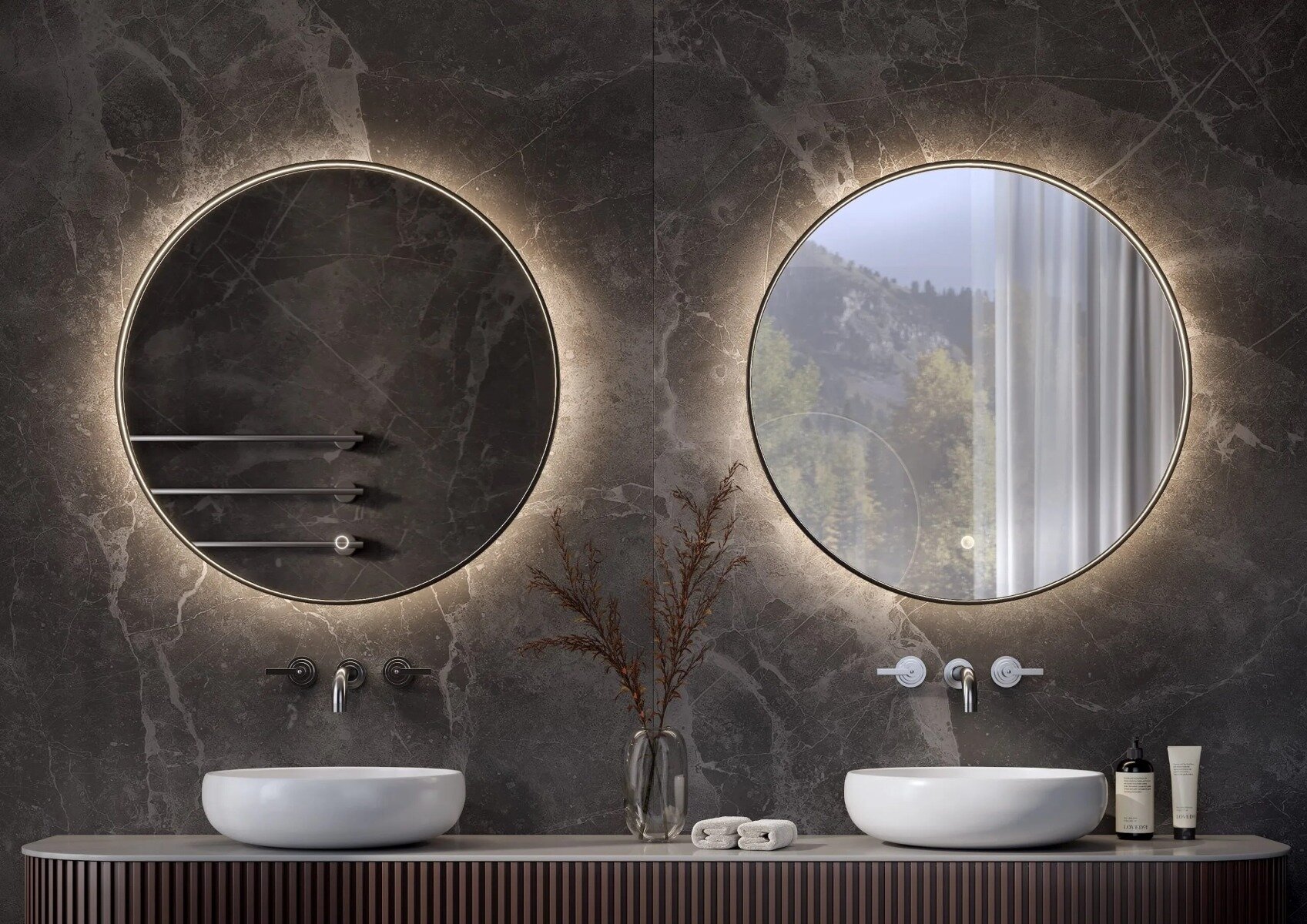 TYRUS ronde spiegel met modern design, verkrijgbaar in diverse afmetingen en kleuren, zoals mat zwart. Voorzien van subtiele indirecte verlichting, CE-markering en 2 jaar garantie. Snelle levering voor voorraadmodellen en maatwerkopties beschikbaar. Perfe