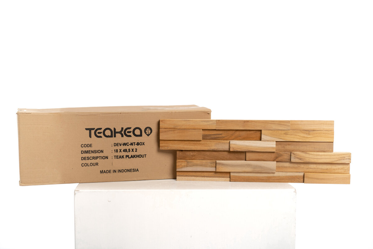Teak Plakhout Naturel | Wandpanelen Massief Teakhouten Strips voor op de muur | 10 stuks per doos | 1 m2 per doos 