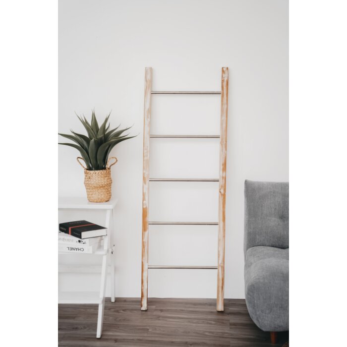 Decoratie ladder Teakhout met RVS Stijlen | White-Washed Teak | 50x5x175 - RVS ladder-Teak-Whitewash-175-1