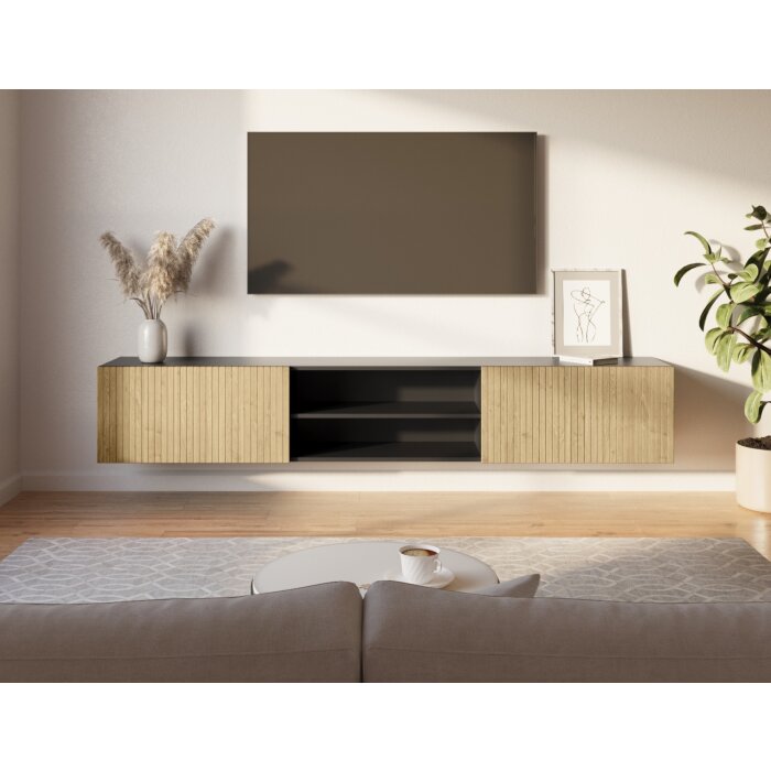 Modern Elisa hangend TV-meubel met massief eikenhouten lattenfronten, matzwarte ombouw en ladegeleiders - Teakea / Woonstudio de Geus
