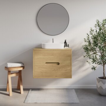 Natuurlijk eikenhouten badmeubel Rondo met ronde greeplijsten in de ladenfronten: Een stijlvol en functioneel meubelstuk voor uw badkamerinterieur.