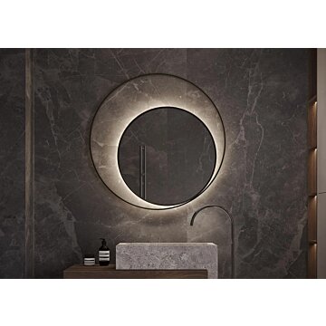 ATHENE ronde spiegel met modern design en indirecte verlichting, verkrijgbaar in diverse afmetingen en kleuren zoals mat zwart. Stijlvolle en functionele spiegel voor elke interieurstijl, met maatwerkopties en snelle levertijd. CE-gecertificeerd en 2 jaar
