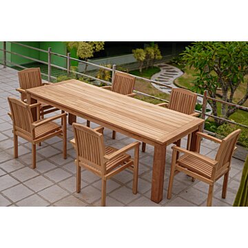 Teakea Teakhouten Tuinset met 6 Ibiza stapelbare teakstoelen en Nelson tuintafel 250x100 cm – luxe, duurzame tuinset van FSC teak voor buiten

