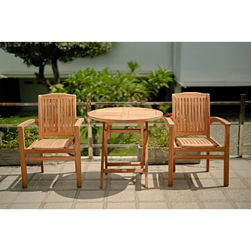 Teakea tuinset met 2 Stacker stapelbare teakstoelen en ronde klaptafel Ø80 cm – compacte en duurzame FSC tuinset voor balkon of terras

